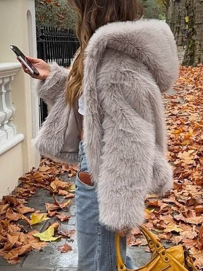 Women's Khaki Faux Fur Hooded Jacket, Plush Teddy Coat, Street Style Outerwear for Fall and Winter