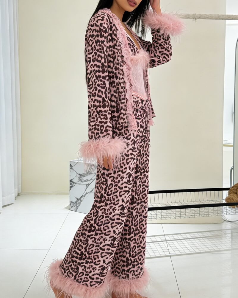 Women's Leopard Print Satin Pajama Set, Breathable Viscose Sleepwear, Long Sleeve Loungewear for Spring, Summer and All Seasons