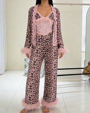 Women's Leopard Print Satin Pajama Set, Breathable Viscose Sleepwear, Long Sleeve Loungewear for Spring, Summer and All Seasons