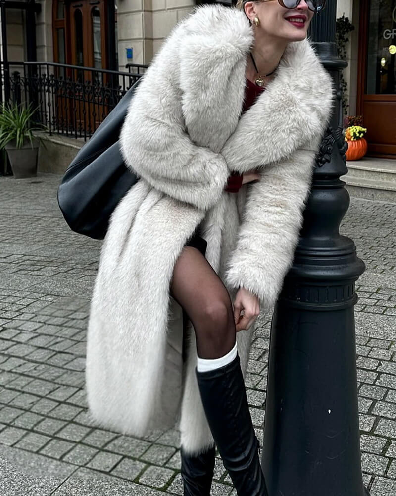 Women's Long Faux Fur Coat, Off-White Teddy Jacket with Notch Collar, British Style Elegant Outerwear for Winter and Fall
