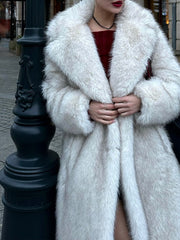 Women's Long Faux Fur Coat, Off-White Teddy Jacket with Notch Collar, British Style Elegant Outerwear for Winter and Fall