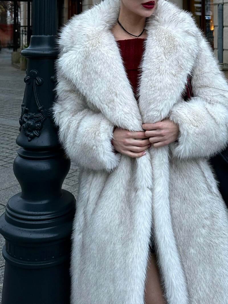 Women's Long Faux Fur Coat, Off-White Teddy Jacket with Notch Collar, British Style Elegant Outerwear for Winter and Fall