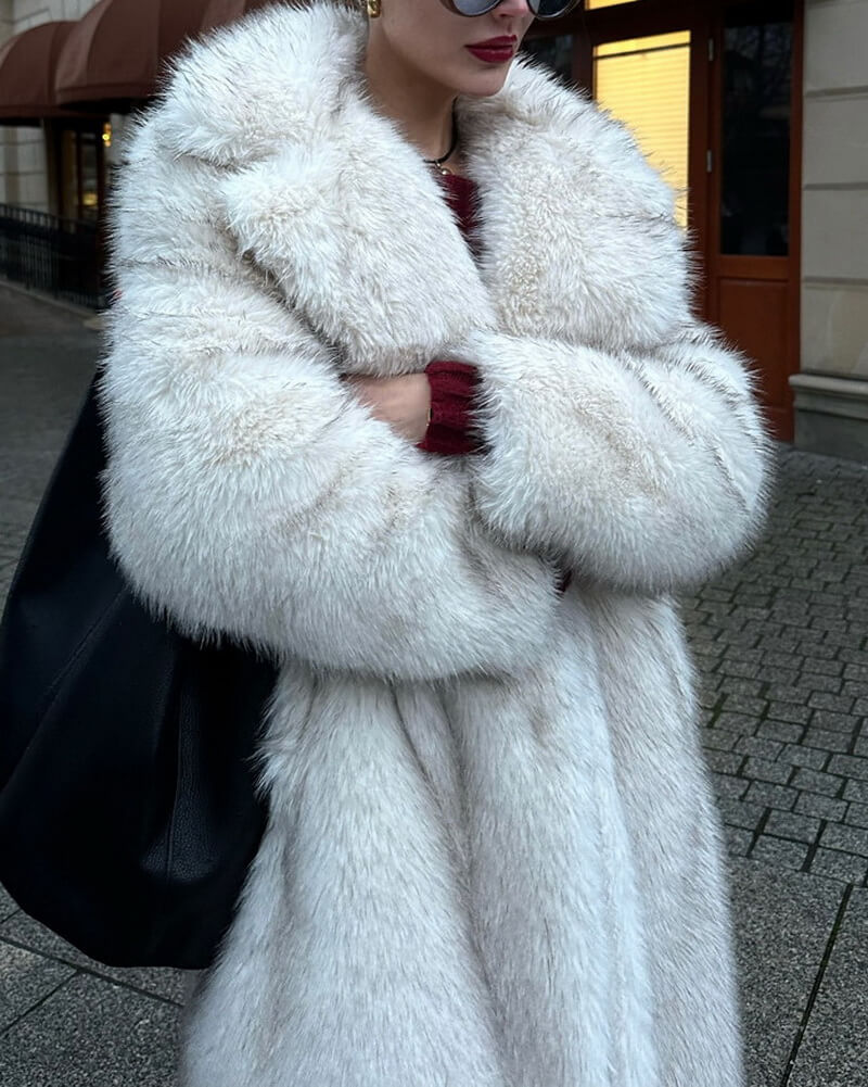 Women's Long Faux Fur Coat, Off-White Teddy Jacket with Notch Collar, British Style Elegant Outerwear for Winter and Fall