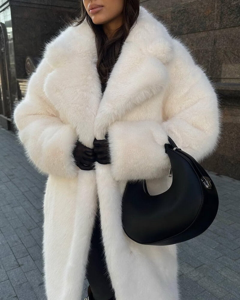 Women's Long Faux Fur Coat with Detachable Fur Collar, Notched Lapel Trench Style Jacket, Elegant Winter Outerwear