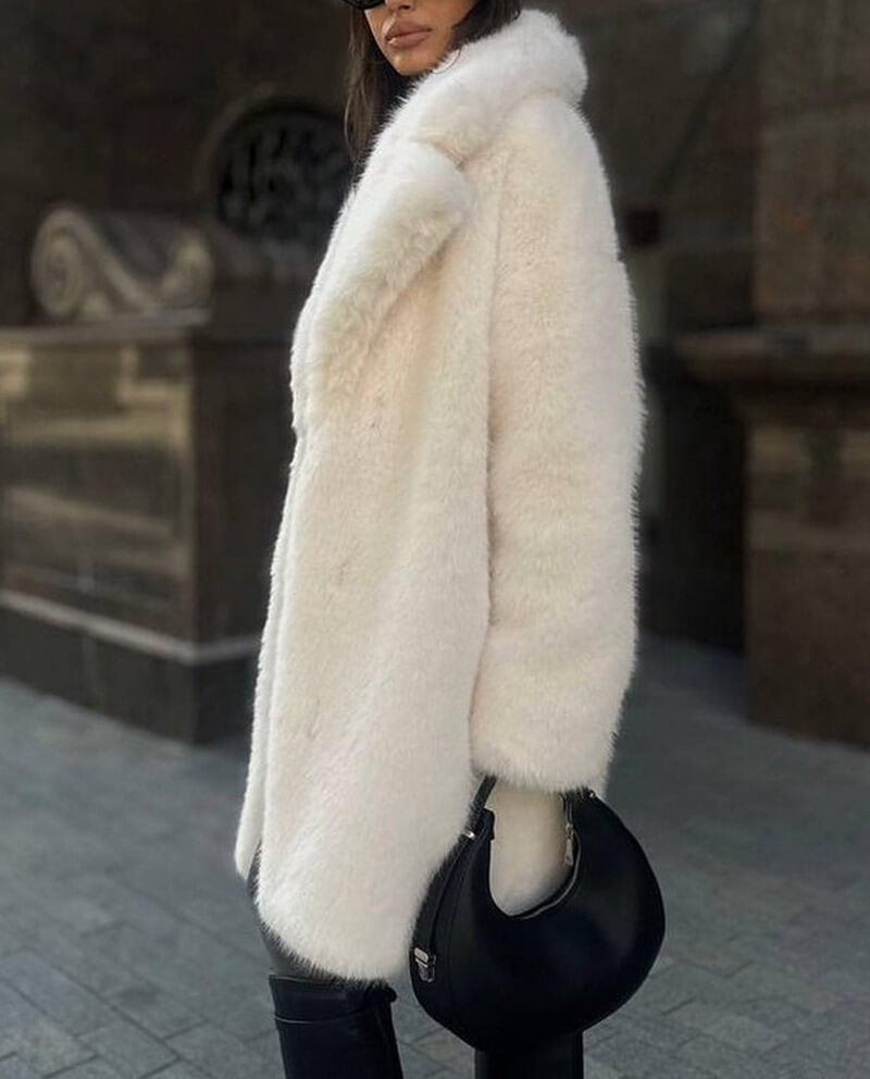 Women's Long Faux Fur Coat with Detachable Fur Collar, Notched Lapel Trench Style Jacket, Elegant Winter Outerwear