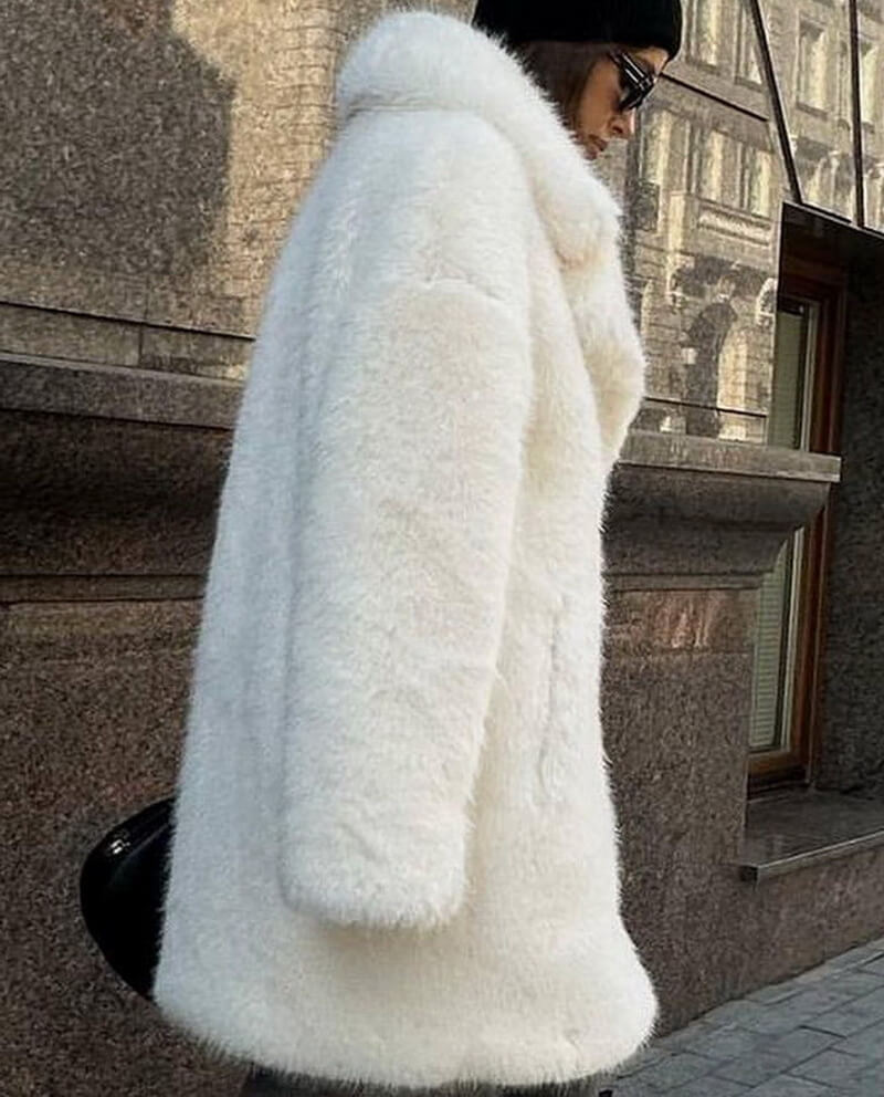 Women's Long Faux Fur Coat with Detachable Fur Collar, Notched Lapel Trench Style Jacket, Elegant Winter Outerwear