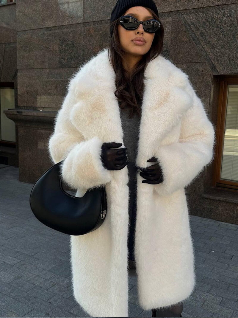 Women's Long Faux Fur Coat with Detachable Fur Collar, Notched Lapel Trench Style Jacket, Elegant Winter Outerwear
