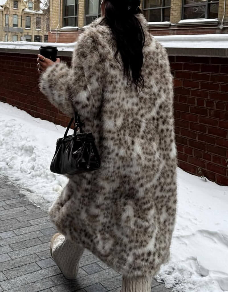 Women's Long Patterned Faux Fur Coat, Leopard Print Notched Lapel Jacket with Detachable Fur Collar, Elegant Winter Outerwear