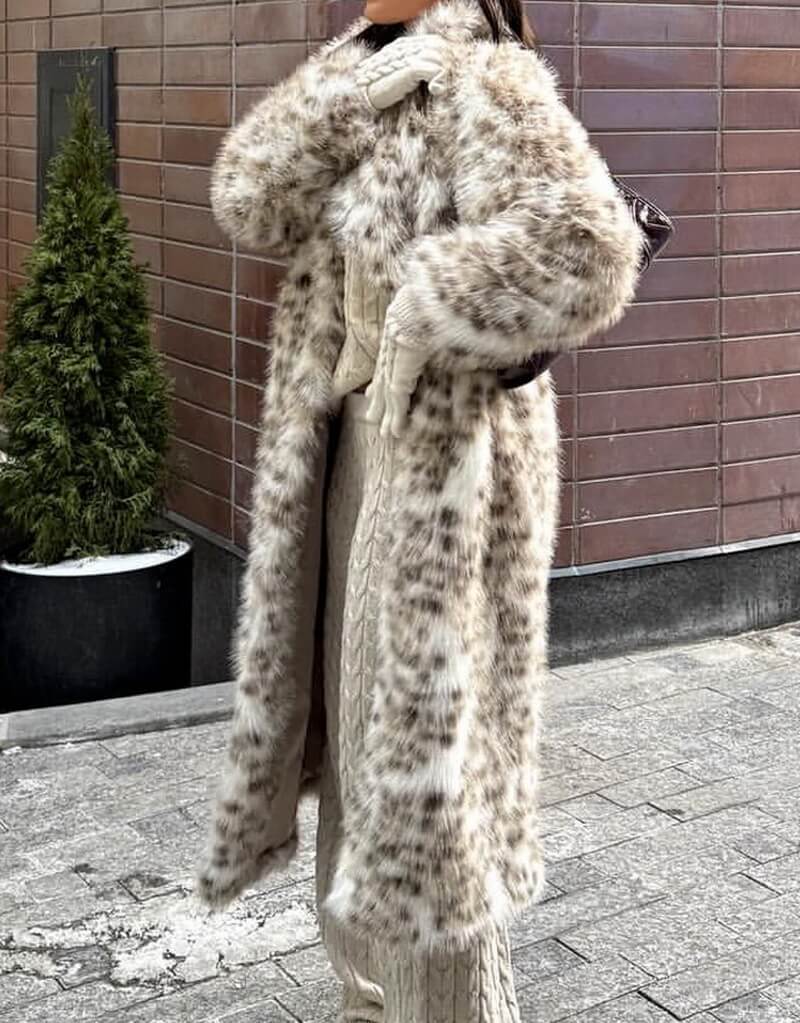 Women's Long Patterned Faux Fur Coat, Leopard Print Notched Lapel Jacket with Detachable Fur Collar, Elegant Winter Outerwear