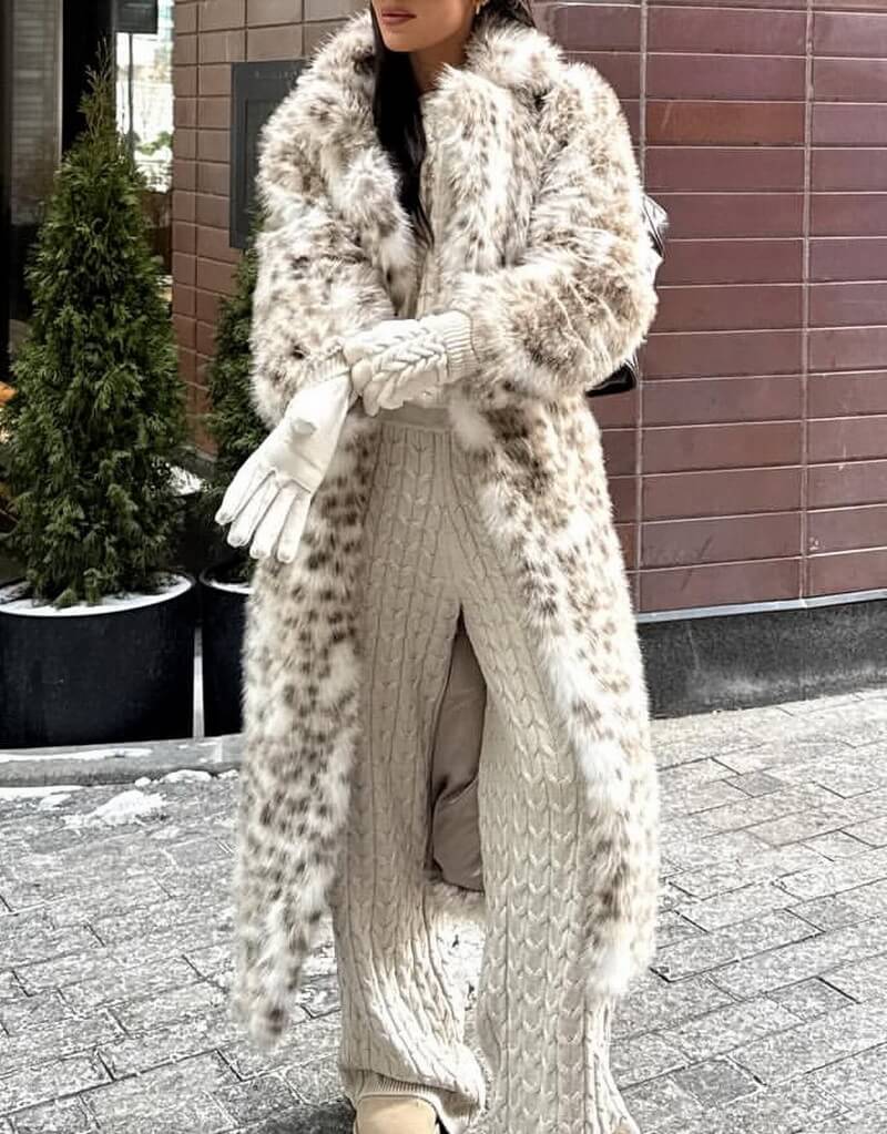 Women's Long Patterned Faux Fur Coat, Leopard Print Notched Lapel Jacket with Detachable Fur Collar, Elegant Winter Outerwear