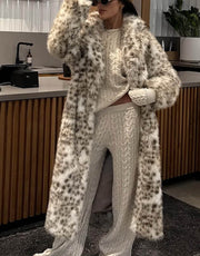 Women's Long Patterned Faux Fur Coat, Leopard Print Notched Lapel Jacket with Detachable Fur Collar, Elegant Winter Outerwear