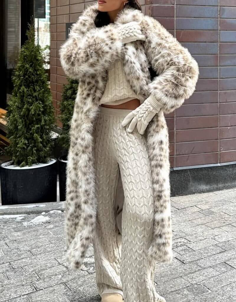 Women's Long Patterned Faux Fur Coat, Leopard Print Notched Lapel Jacket with Detachable Fur Collar, Elegant Winter Outerwear