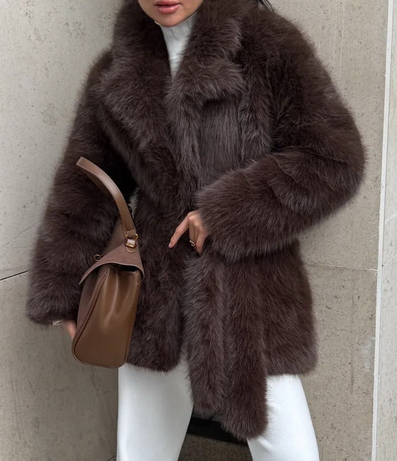 Women's Mid-Length Faux Fur Belted Coat, Notched Lapel Jacket with Detachable Fur Collar, Elegant Winter Outerwear