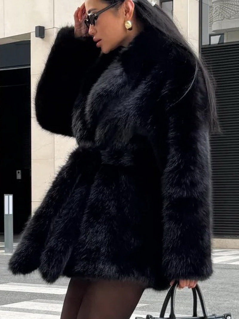 Women's Mid-Length Faux Fur Belted Coat, Notched Lapel Jacket with Detachable Fur Collar, Elegant Winter Outerwear