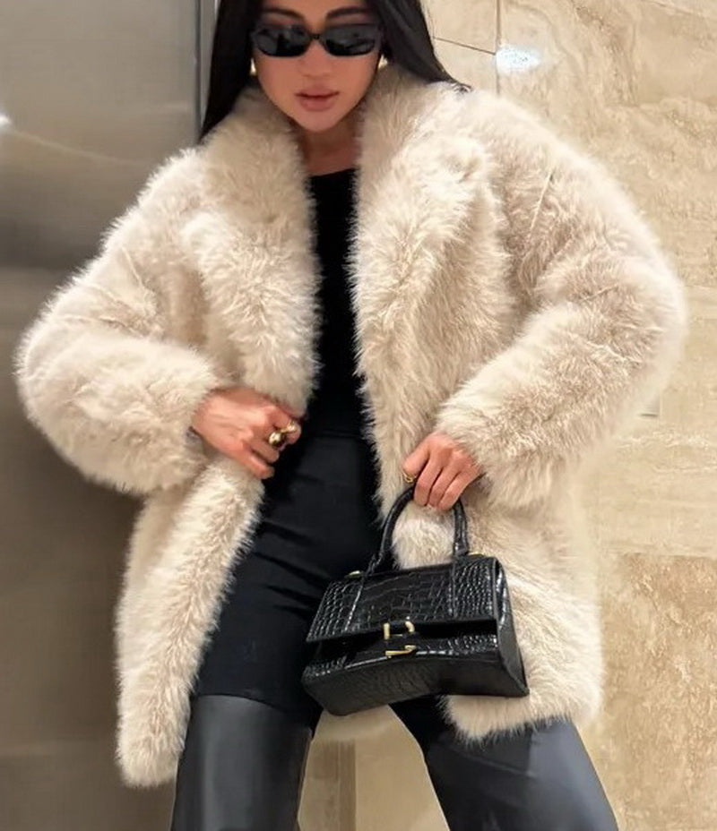 Women's Mid-Length Faux Fur Belted Coat, Notched Lapel Jacket with Detachable Fur Collar, Elegant Winter Outerwear