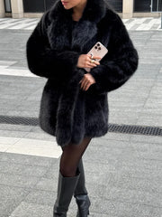 Women's Mid-Length Faux Fur Belted Coat, Notched Lapel Jacket with Detachable Fur Collar, Elegant Winter Outerwear