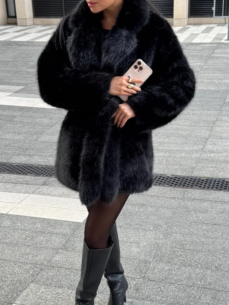 Women's Mid-Length Faux Fur Belted Coat, Notched Lapel Jacket with Detachable Fur Collar, Elegant Winter Outerwear