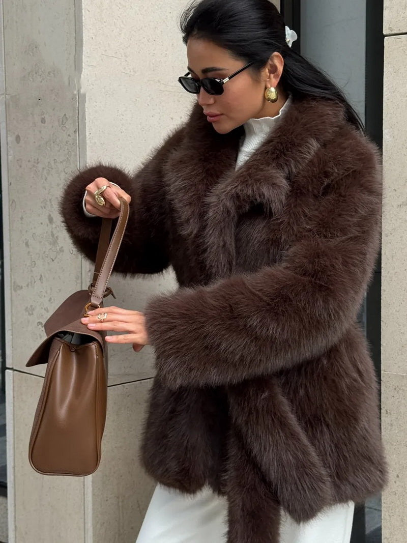 Women's Mid-Length Faux Fur Belted Coat, Notched Lapel Jacket with Detachable Fur Collar, Elegant Winter Outerwear