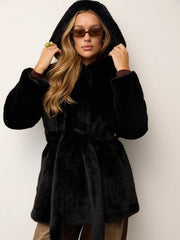 Women's Mid-Length Faux Mink Fur Coat, Hooded Belted Teddy Jacket, Casual Outerwear for Winter Commute