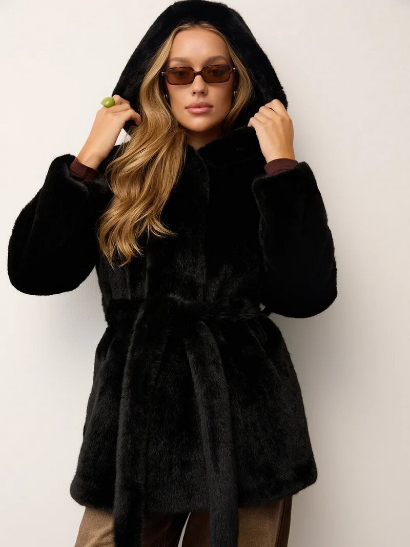 Women's Mid-Length Faux Mink Fur Coat, Hooded Belted Teddy Jacket, Casual Outerwear for Winter Commute