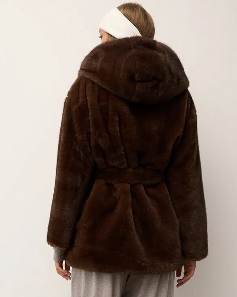 Women's Mid-Length Faux Mink Fur Coat, Hooded Belted Teddy Jacket, Casual Outerwear for Winter Commute