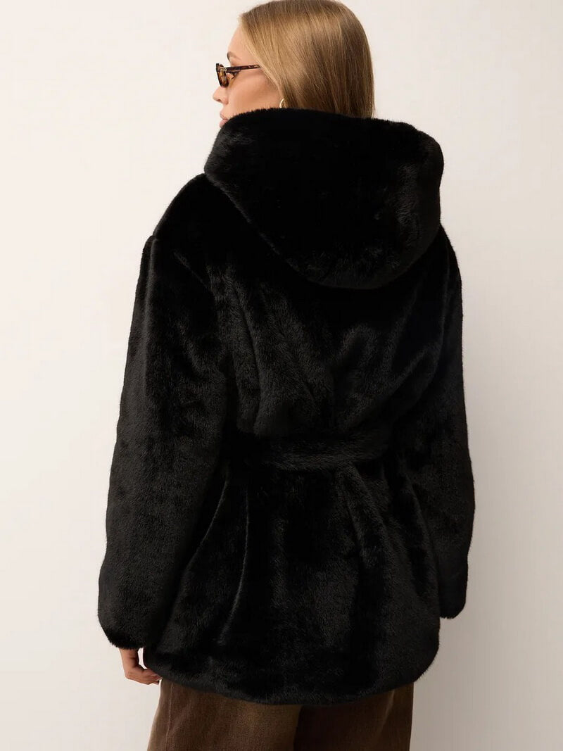 Women's Mid-Length Faux Mink Fur Coat, Hooded Belted Teddy Jacket, Casual Outerwear for Winter Commute