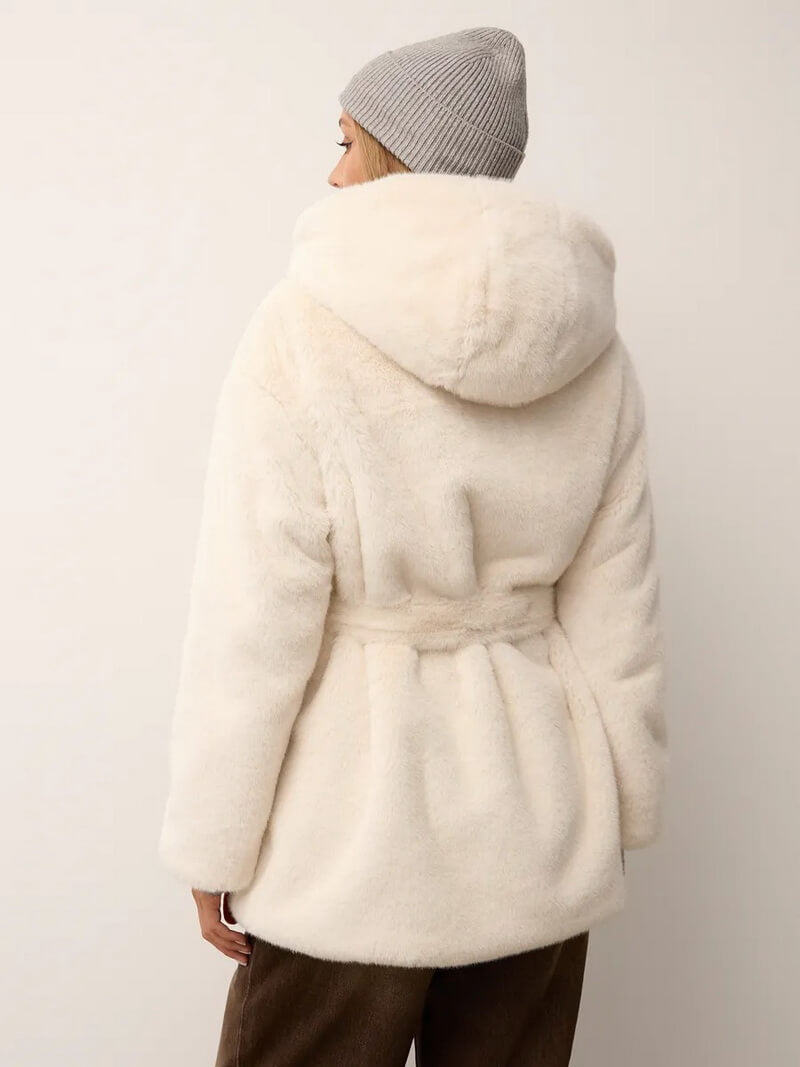 Women's Mid-Length Faux Mink Fur Coat, Hooded Belted Teddy Jacket, Casual Outerwear for Winter Commute