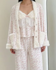 Women's Pink Leopard Print Plush Pajama Set 3-Piece, Soft Fleece Loungewear, Cozy Sleepwear Homewear for Winter and Fall