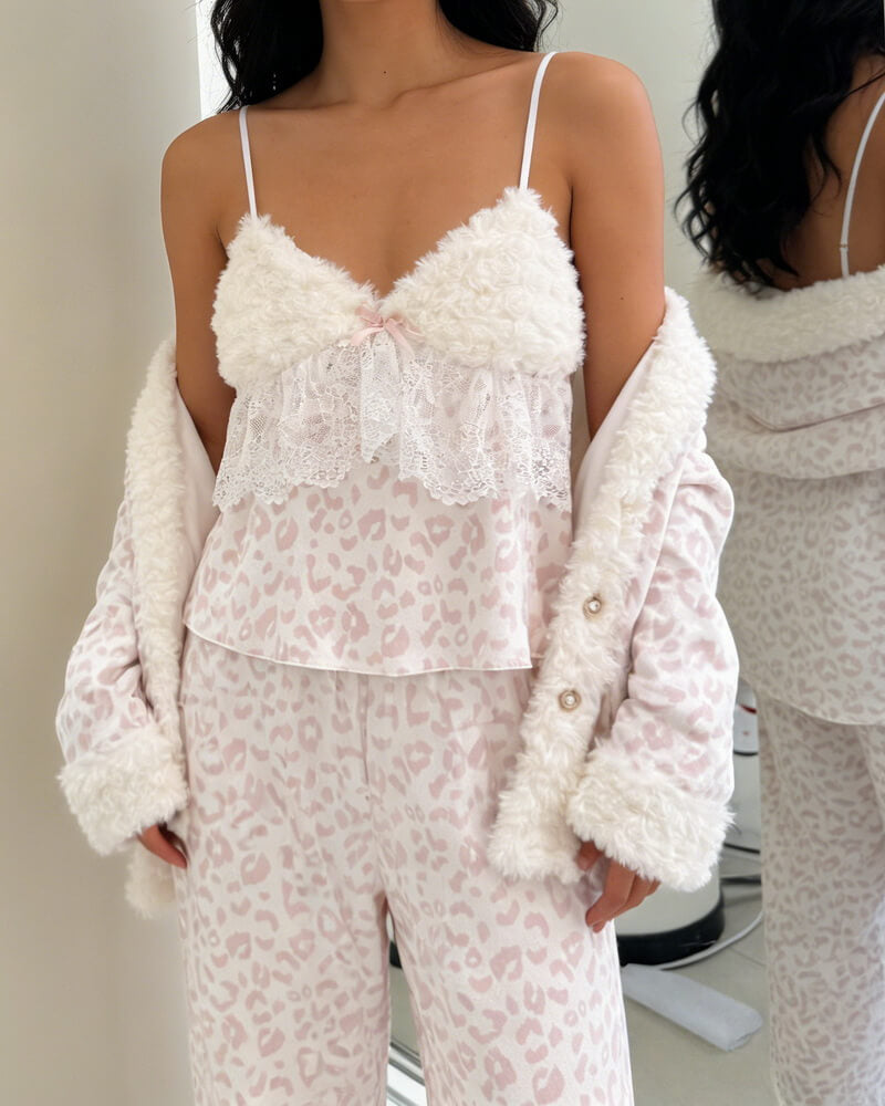 Women's Pink Leopard Print Plush Pajama Set 3-Piece, Soft Fleece Loungewear, Cozy Sleepwear Homewear for Winter and Fall