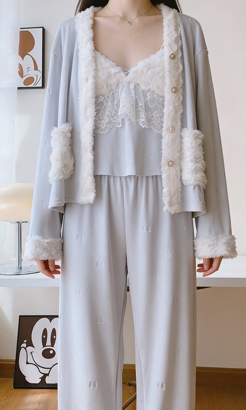 Women's Plush Pajama Set 3-Piece, Soft Fleece Loungewear with Elegant Design, Cozy Sleepwear for Winter, Spring, and Fall