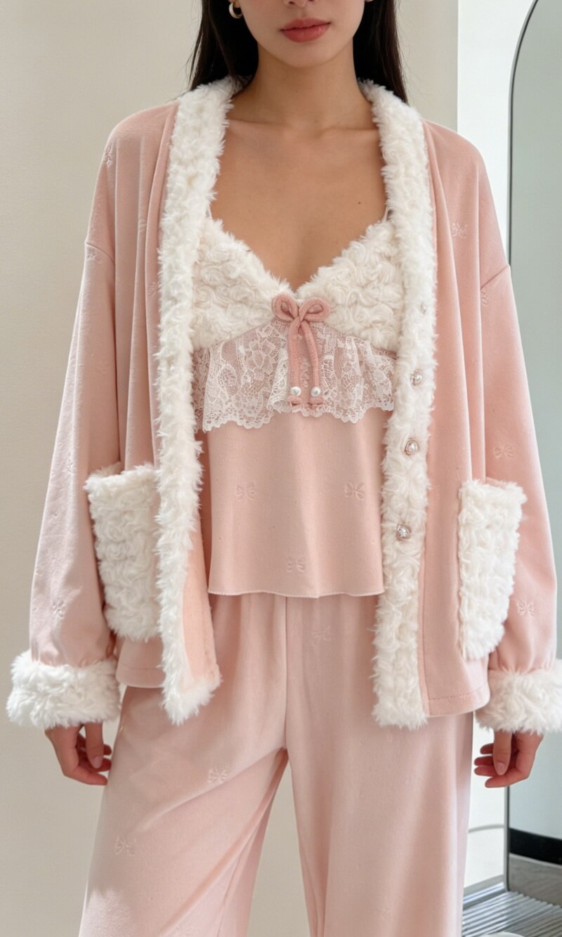 Women's Plush Pajama Set 3-Piece, Soft Fleece Loungewear with Elegant Design, Cozy Sleepwear for Winter, Spring, and Fall