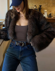 Women's Short Faux Fur Jacket, Dark Brown Collarless Teddy Coat, Sweet Street Style Outerwear for Winter