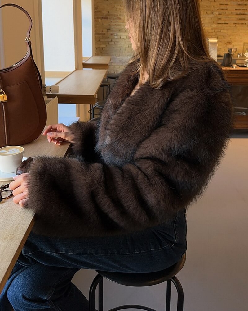 Women's Short Faux Fur Jacket, Dark Brown Collarless Teddy Coat, Sweet Street Style Outerwear for Winter