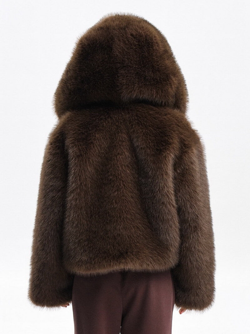Women's Short Hooded Faux Fur Jacket, Dark Brown Teddy Coat, Street Style Winter Outerwear