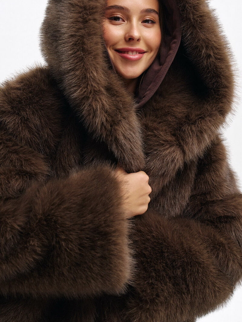 Women's Short Hooded Faux Fur Jacket, Dark Brown Teddy Coat, Street Style Winter Outerwear