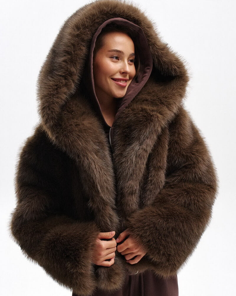 Women's Short Hooded Faux Fur Jacket, Dark Brown Teddy Coat, Street Style Winter Outerwear