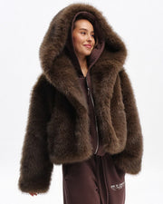 Women's Short Hooded Faux Fur Jacket, Dark Brown Teddy Coat, Street Style Winter Outerwear