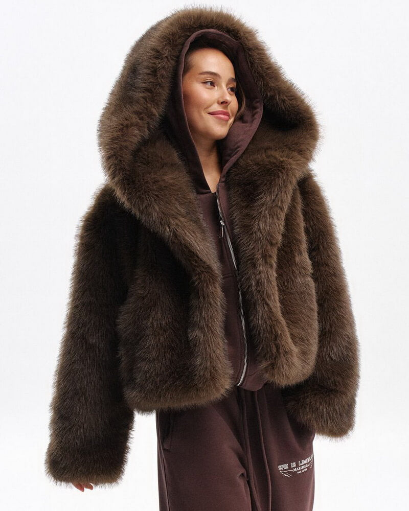 Women's Short Hooded Faux Fur Jacket, Dark Brown Teddy Coat, Street Style Winter Outerwear