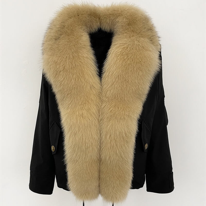 Women's Short Luxury Fox Fur Collar Down Jacket with Detachable Hood, Warm Winter Coat, Quilted Padded Parka for Casual & Commute | NURO