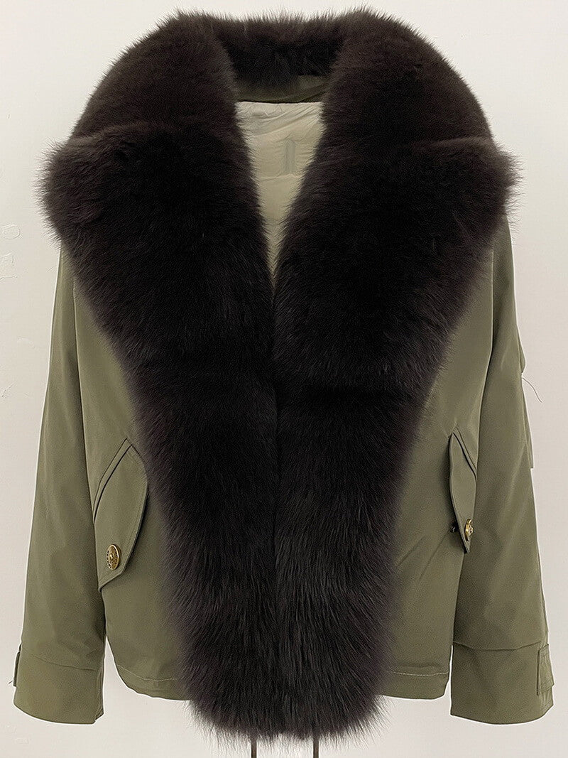 Women's Short Luxury Fox Fur Collar Down Jacket with Detachable Hood, Warm Winter Coat, Quilted Padded Parka for Casual & Commute | NURO