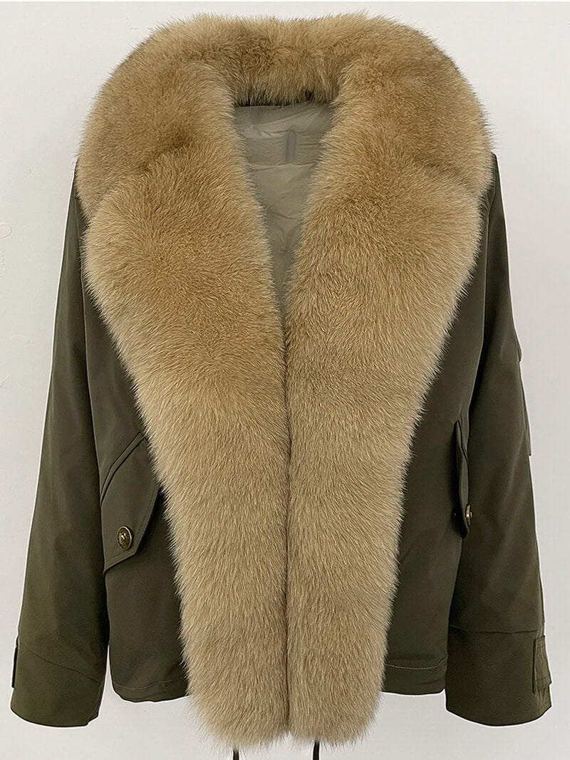 Women's Short Luxury Fox Fur Collar Down Jacket with Detachable Hood, Warm Winter Coat, Quilted Padded Parka for Casual & Commute | NURO