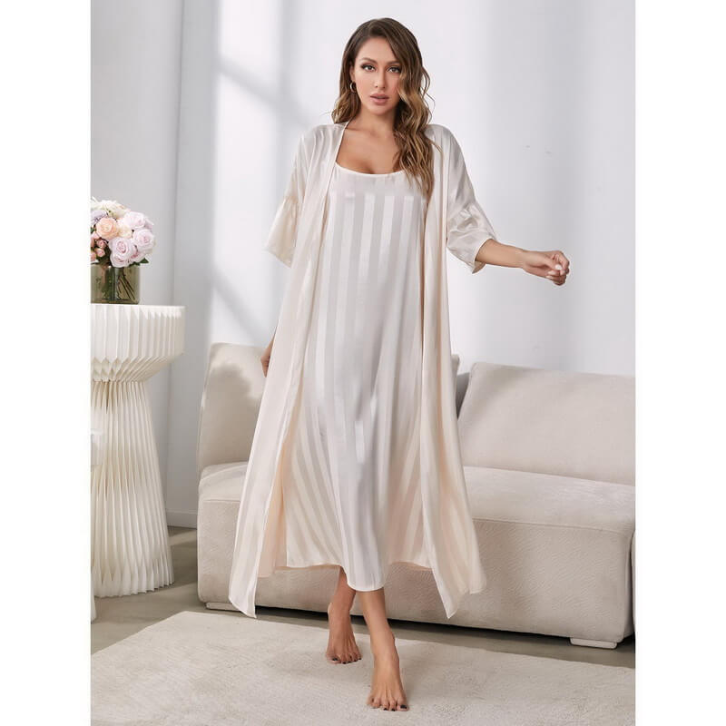 Women's Slip Nightgown Set with Straps and Sleeves – Premium Silk-Like Chiffon Robe & Sleepwear Loungewear
