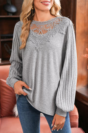 Gray Hollowed Lace Ribbed Knit Long Sleeve Patchwork Top