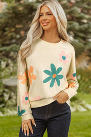 Khaki Mineral Washed French Terry Flower Print Sweatshirt