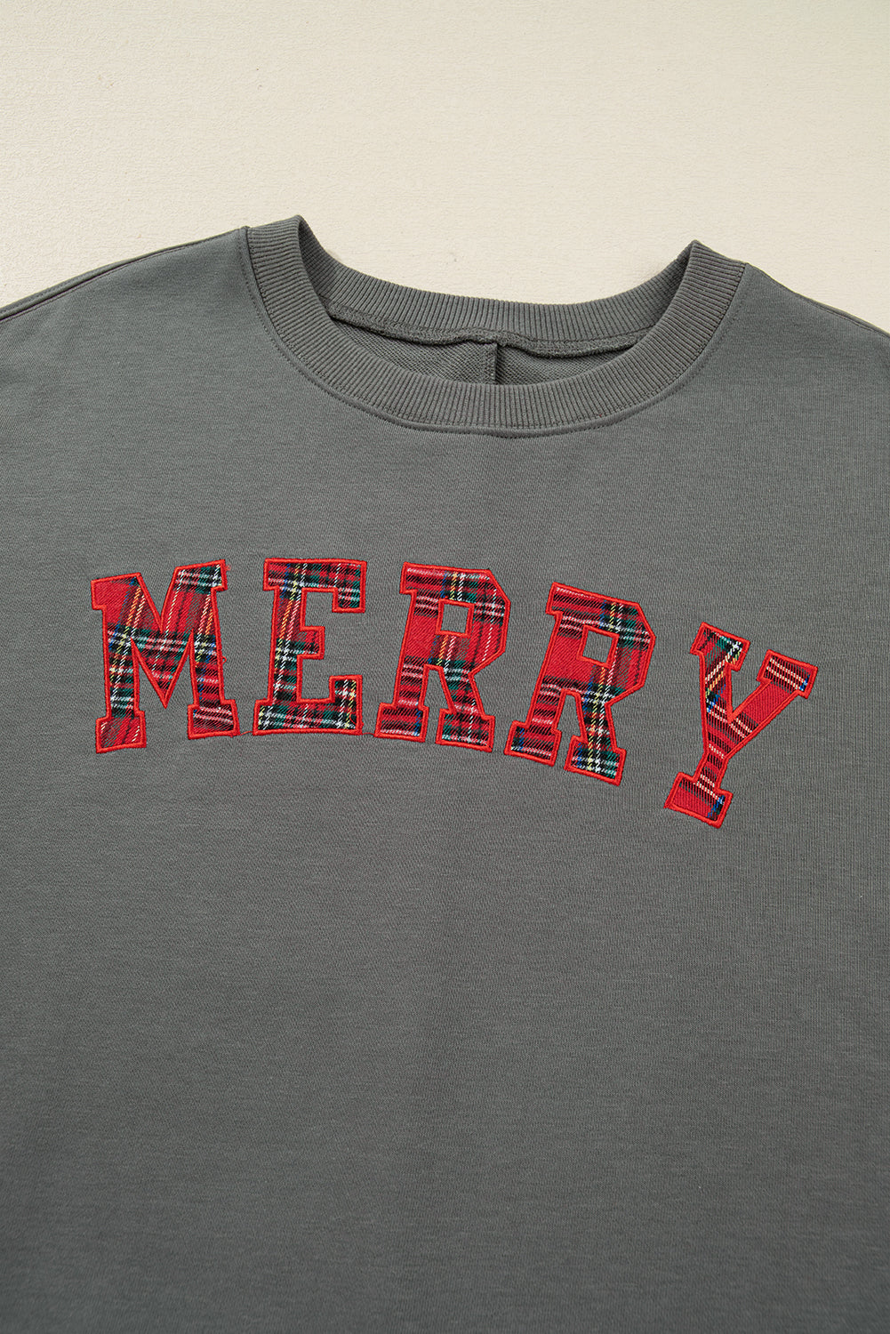 Medium Grey Plaid MERRY Bow Embroidered Plus Size Sweatshirt with Side Slits