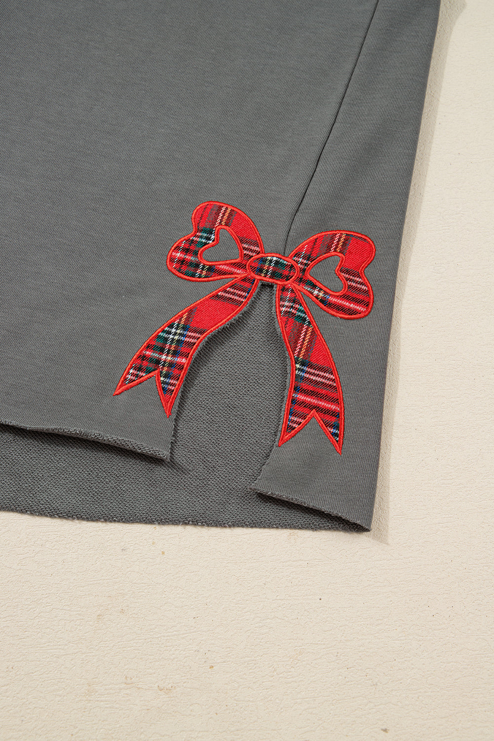 Medium Grey Plaid MERRY Bow Embroidered Plus Size Sweatshirt with Side Slits