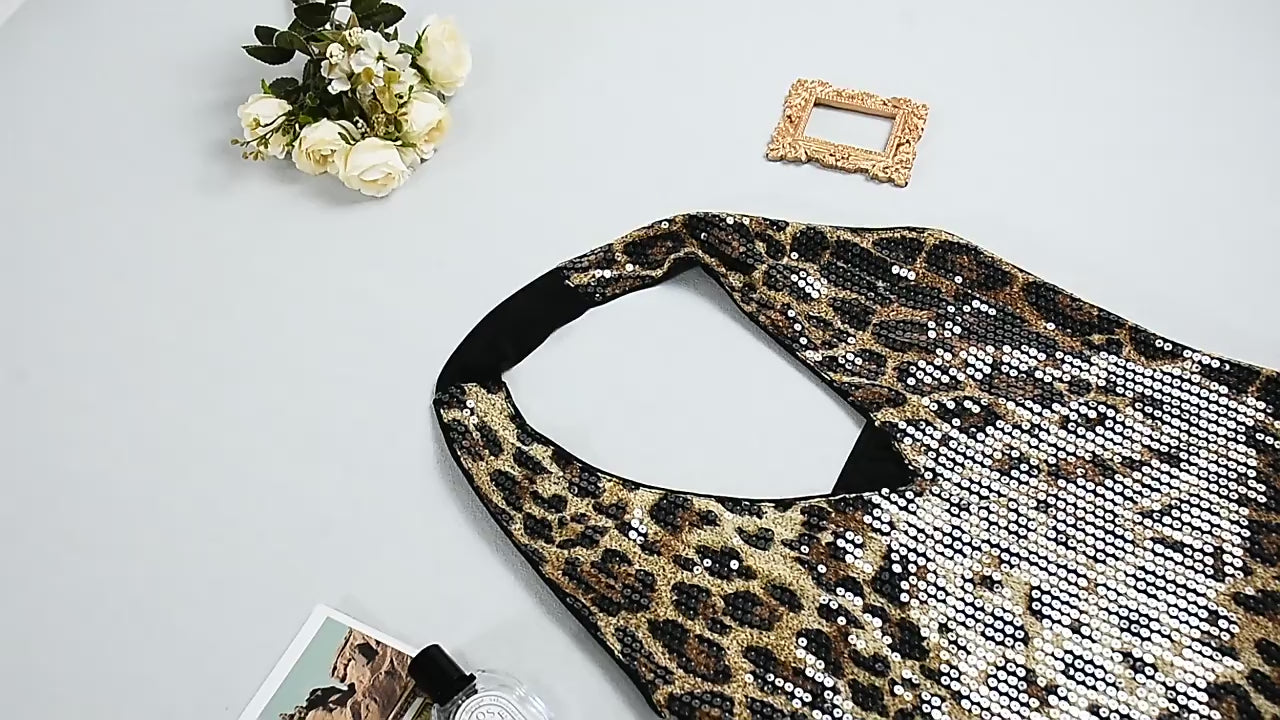 Load video: NURO Women's Halter Neck Leopard Sequin Crop Top - Backless, Bodycon, Sexy Clubwear, Sparkling Party Top