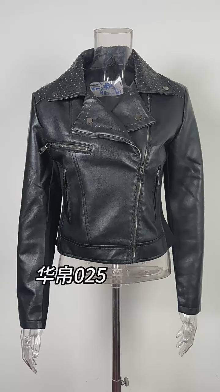 Load video: NURO Women's Studded V-Neck PU Leather Jacket, Slim Fit Zip-Up Biker Style Coat