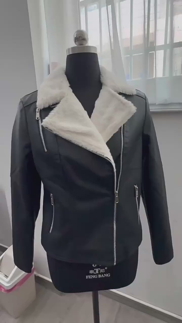 Load video: NURO Women's Faux Fur Collar PU Leather Jacket, Quilted Winter Coat with Pockets