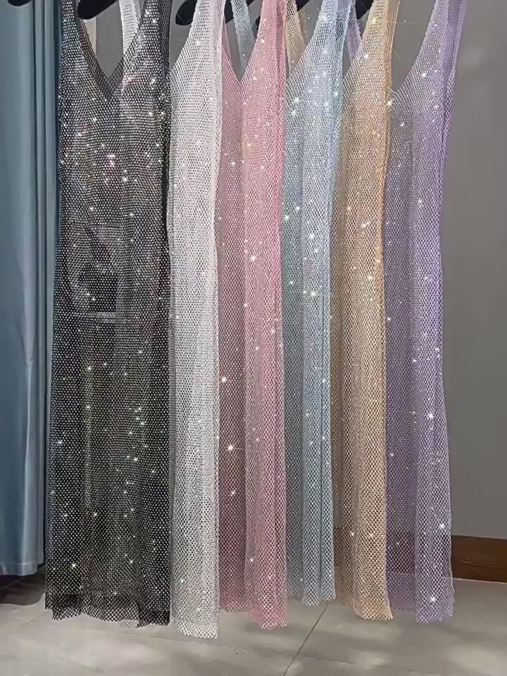 Load video: NURO Women's Rhinestone Mesh Long Dress Deep V-Neck Sleeveless Bodycon Slit Party Gown